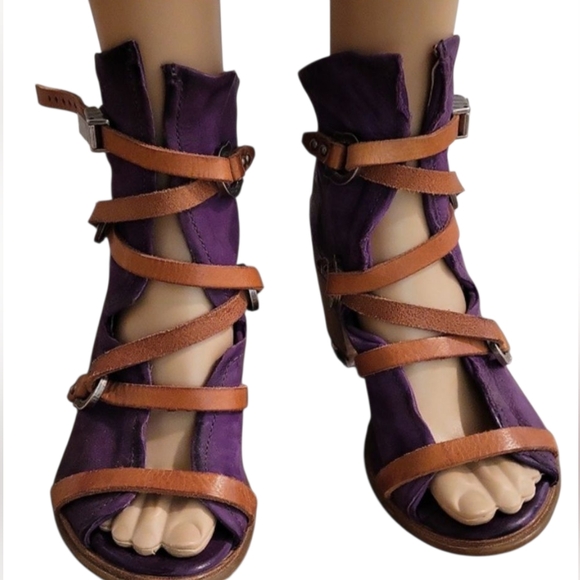 A.S.98 x Free People Open-toe Roman Block-heel Sandals / Sz 4.5 - 5 / Eggplant - Picture 3 of 17